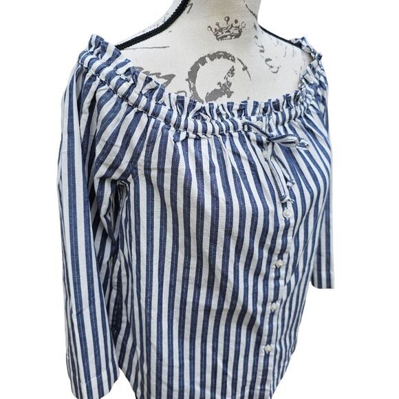 Madewell -622 NWT Shimmer Stripe Off-the-Shoulder Top White Blue H6707 Sz‎ Small - Picture 5 of 10